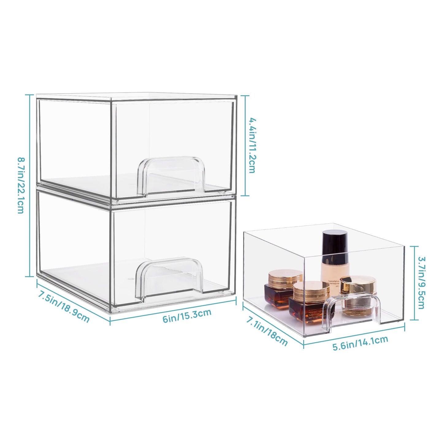 Vtopmart 2 Pack Clear Stackable Storage Drawers, 4.4'' Tall Acrylic Bathroom Makeup Organizer,Plastic Storage Bins For Vanity, Undersink, Kitchen Cabinets, Pantry, Home Organization and Storage