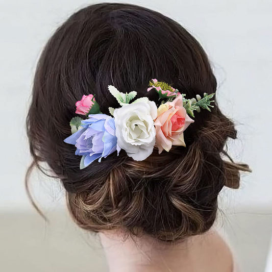 Fangsen Wedding Yucca Gloriosa L Rose Flower Hair Comb Bridal Flower Hair Clip Floral Hair Accessories for Women and Girls (Blue)