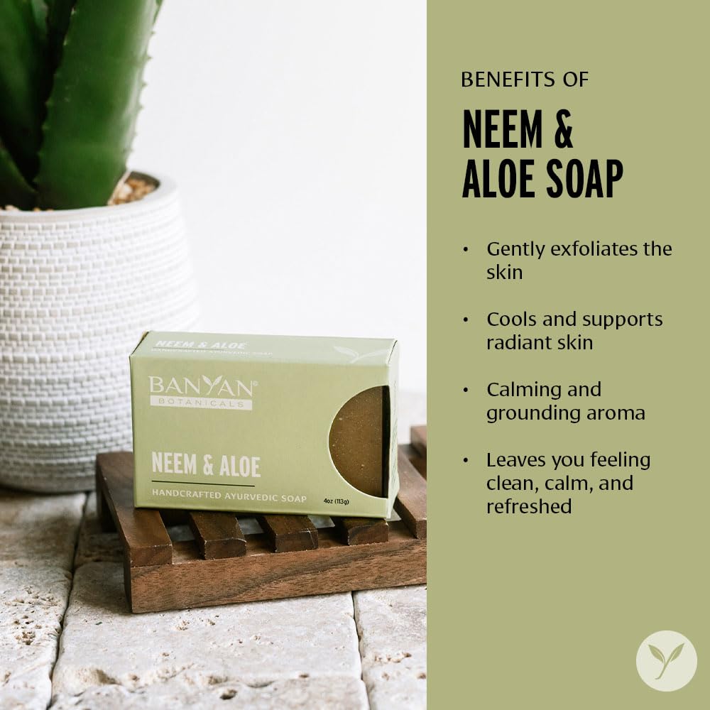 Banyan Botanicals Neem & Aloe Soap – Calming and Soothing Soap for Sensitive Skin – With Organic Neem Leaf, Aloe Vera, and Vetiver Essential Oil – 4 oz Bar – Free of Sulfates, Phthalates & Parabens