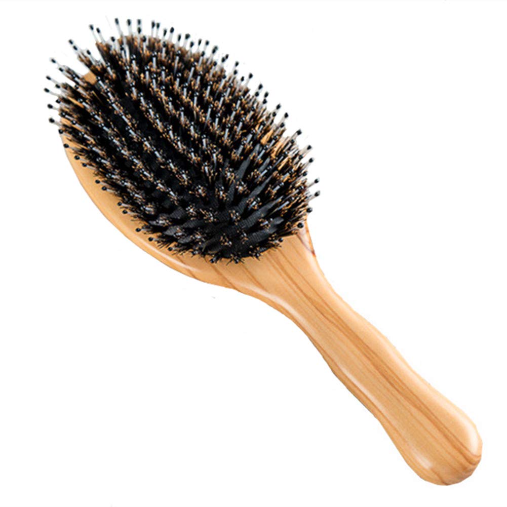 Wild Boar Bristle Hairbrush with Waxed Olive Wood Handle for Styling, Smoothing, Detangling Thick, Thin, Straight, Curly, Wavy, Dry, Damaged Hair to Women, Men, Kids, Giftbox Included