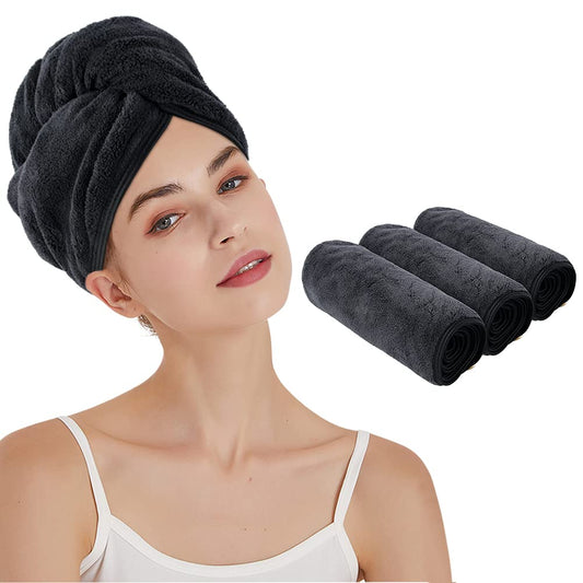 KinHwa Quick Dry Hair Towel for Women Super Absorbent Hair Drying Towel for Curly, Long, Thick Hair Anti-frizz Large Size 3 Pack Black