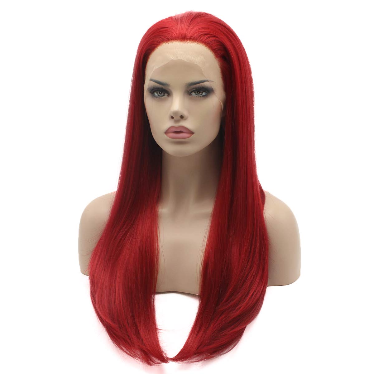 Lushy Beautiful Straight Long Red Half Hand Tied Heat Friendly Heavy Density Synthetic Lace Front Wig