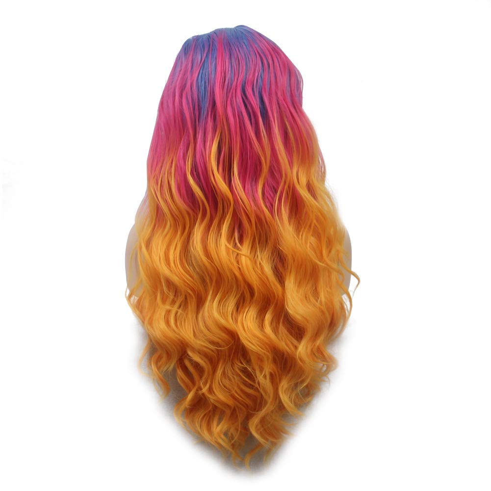 FSLWIGS Long Rainbow Hair Wig Multi-Color Natural Wave Synthetic Lace Front Wigs Colorful Heat Resistant for Music Festival, Theme Parties, Wedding, Concerts, Dating, Cosplay, Daily Use & More