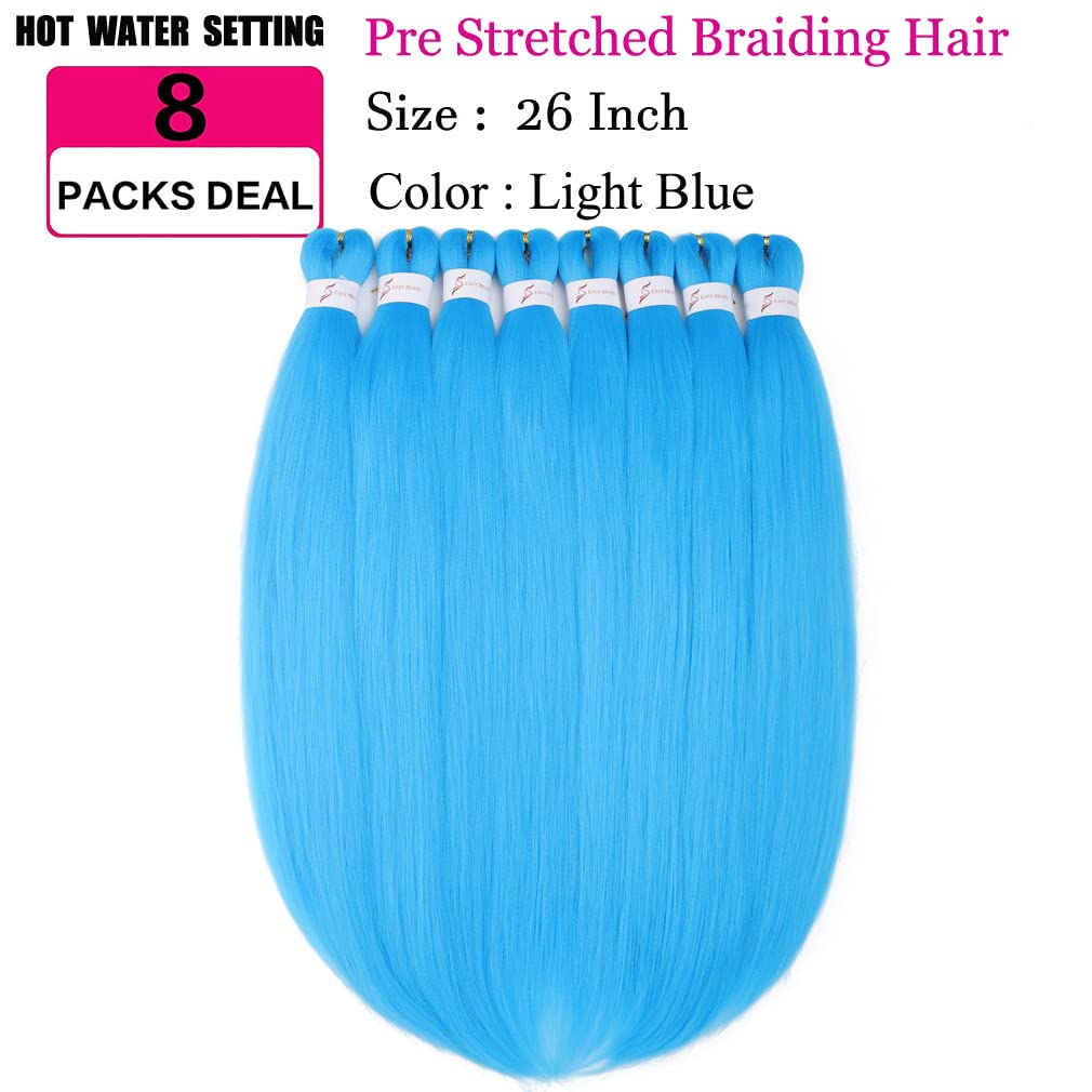 Pre Stretched Braiding Hair 26 Inch 8 Packs Professional Braiding Hair Extensions Synthetic Fiber Crochet Twist Braids Hot Water Setting Soft Yaki Texture(26",light blue)