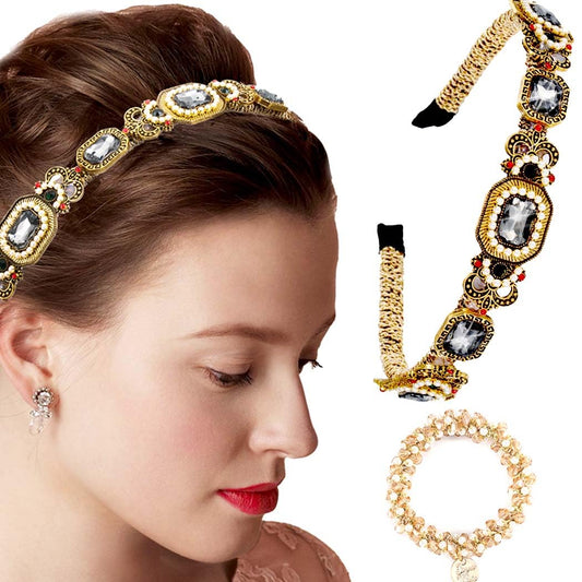 Coridy Gold Baroque Headbands Crystal Rhinestones Hairbands Thin Obsidian Hair Hoop Beaded Hair Ties Bejewelled Embellished Head bands (Gorgeous)