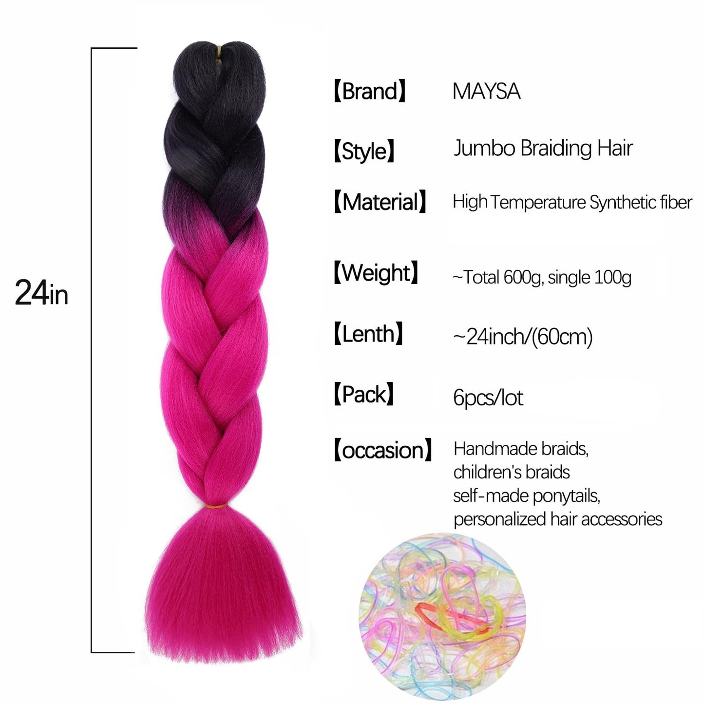 MAYSA Hot Pink Ombre Braiding Hair Extensions Pre stretched Braiding Hair 24 Inch 6Packs Soft Synthetic Braiding Hair Extensions #Black-Hot Pink