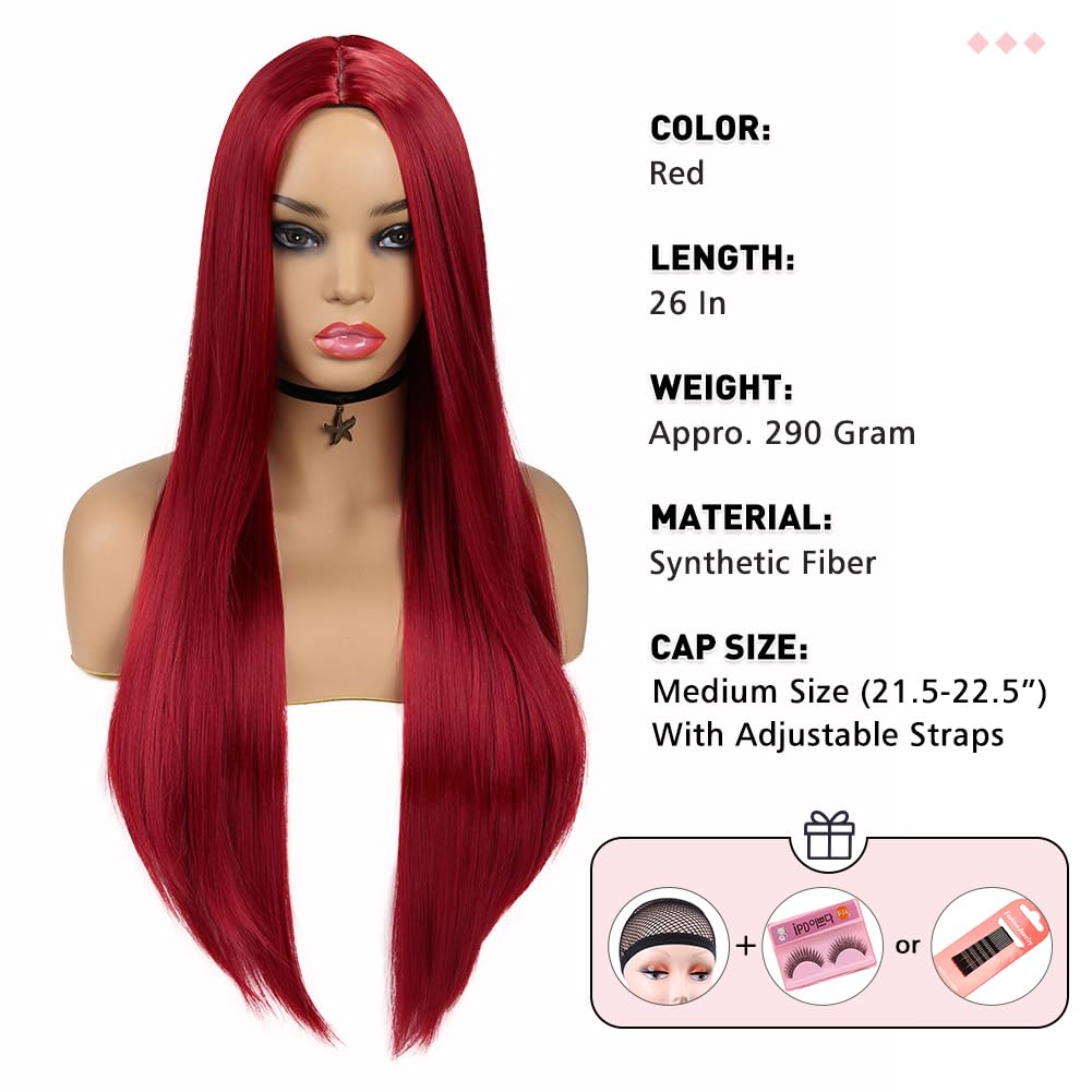 WIGER Red Wigs For Women Long Straight Red Hair Wig Middle Part Synthetic Colored Mermaid Cosplay Wig No Lace Nature Looking Girls Red Costume Full Wigs