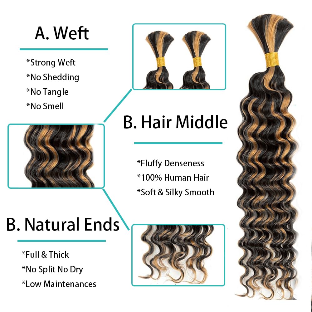 Ombre Human Braiding Hair 1b/27 Highlight Brown Deep Wave Bulk Human Hair for Braiding 100g 2Bundles/Pack No Weft Curly Braiding Hair Bulk Curly Human Hair for Boho Braids (1b/27,20 Inch)