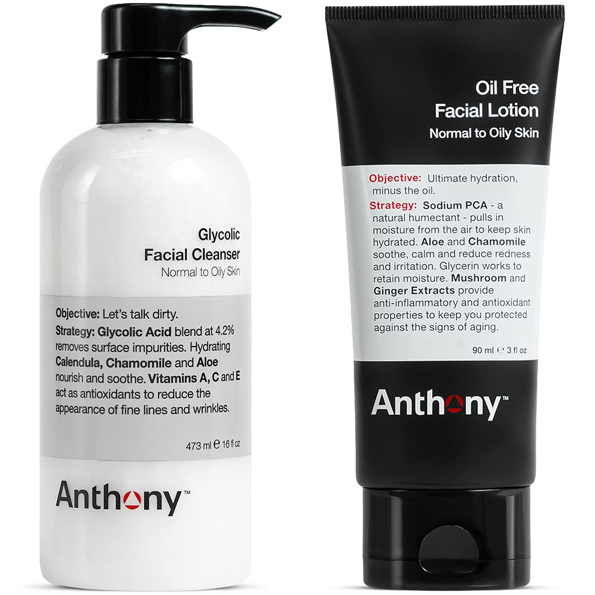 Anthony Glycolic Facial Cleanser, Normal to Oily Skin, 16 Fl Oz Oil Free Facial Lotion, 3 Fl Oz