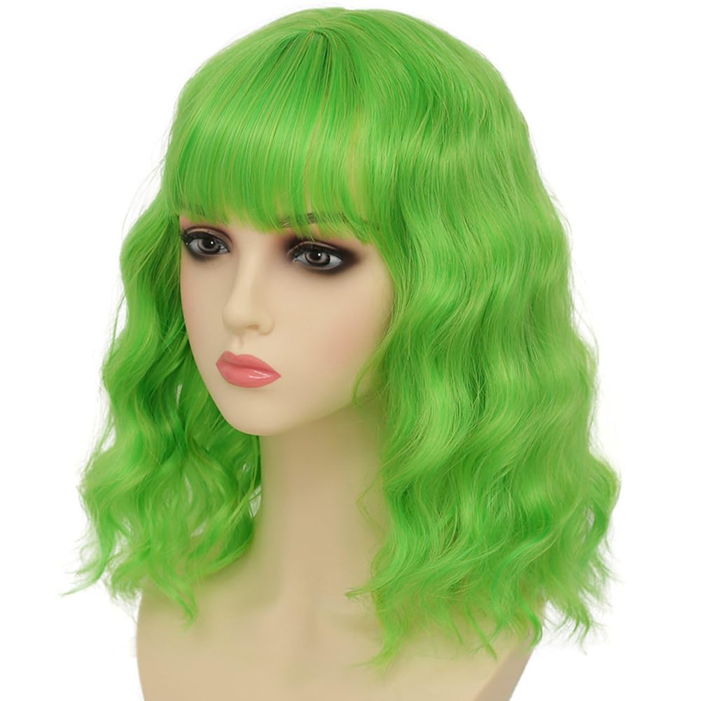 Dai Cloud Lime Green Wigs with Bangs For Women Short Bob Wavy Curly Cosplay Halloween Wigs Bob Party Wig Include Wig Cap