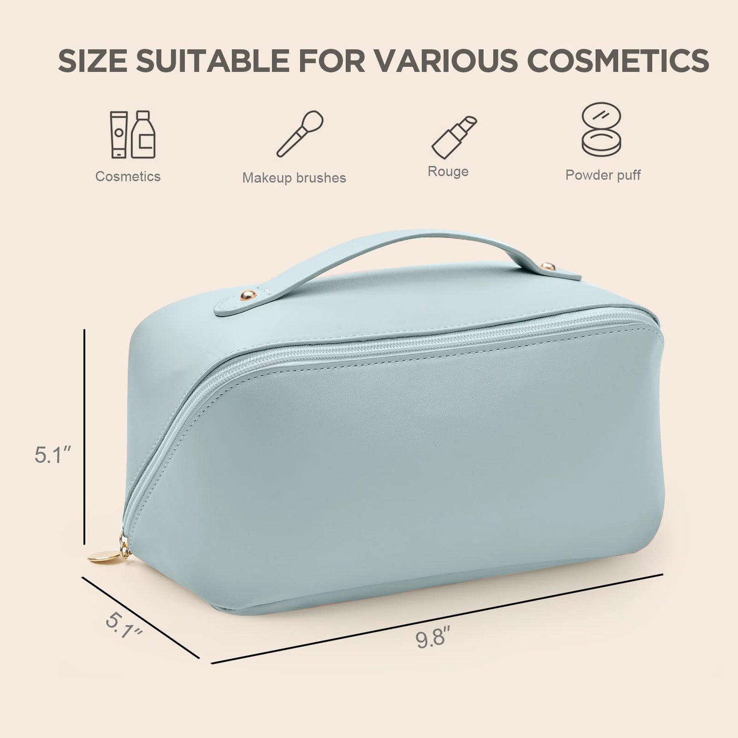 HBselect Travel Makeup Bag, Large Capacity Cosmetic Bags for Women,Waterproof Portable Pouch Open Flat Toiletry Bag Make up Organizer with Divider and Handle(Blue)