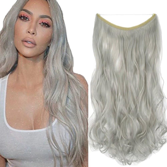 iLUU 18inch 80g Silver Color Hair Extensions for Women Long Curly Wavy Synthetic Haipieces Hidden Fish Line Hairpiece Invisible String Transparent Wire Hair Extensions for Party Daily Use