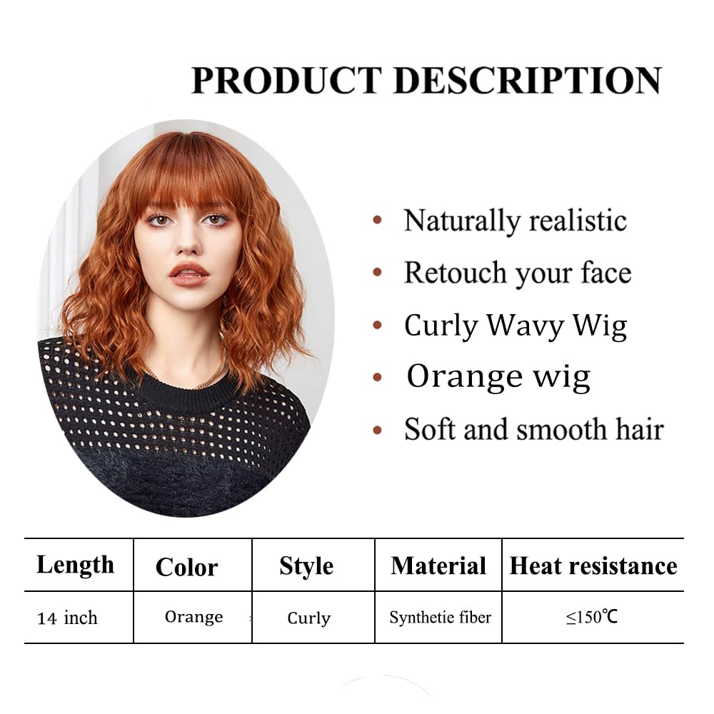 Orange Wig with Bangs,14 Inch Ginger Shoulder Length Curly Wavy Wigs for Women, Heat-resistant Synthetic Hair Wigs for Cosplay Party Daily Use