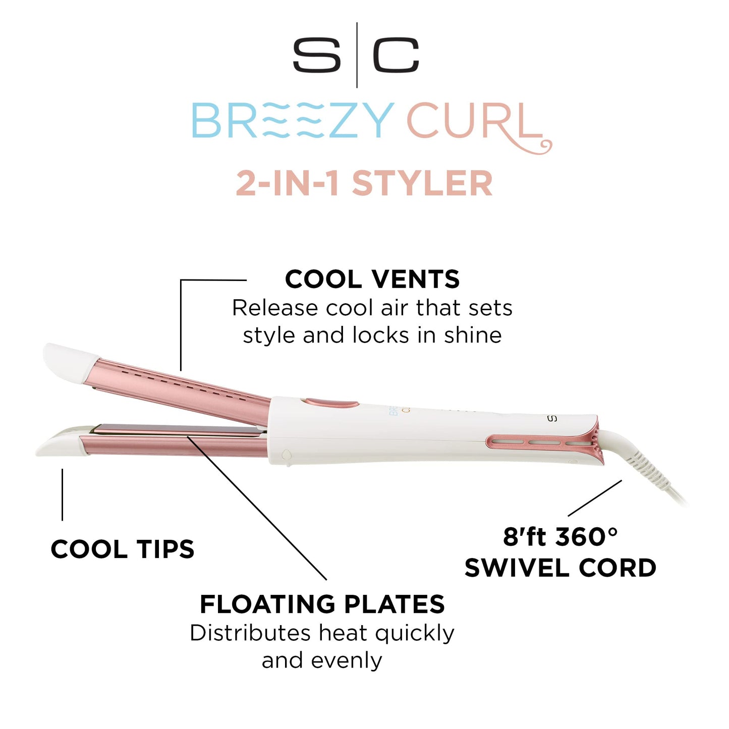 StyleCraft Breezy Curl 2-in1 Cool Air Hair Styler Tourmaline Ionic Technology for Straight or Wavy Styles White