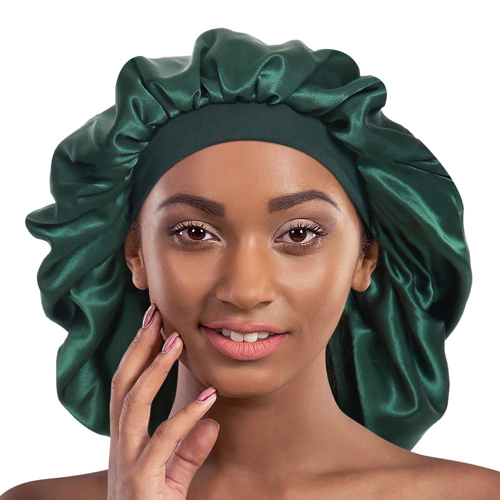 Alnorm Double Layered Satin Bonnet Oversized Sleep Cap for Hair Loss Women Green