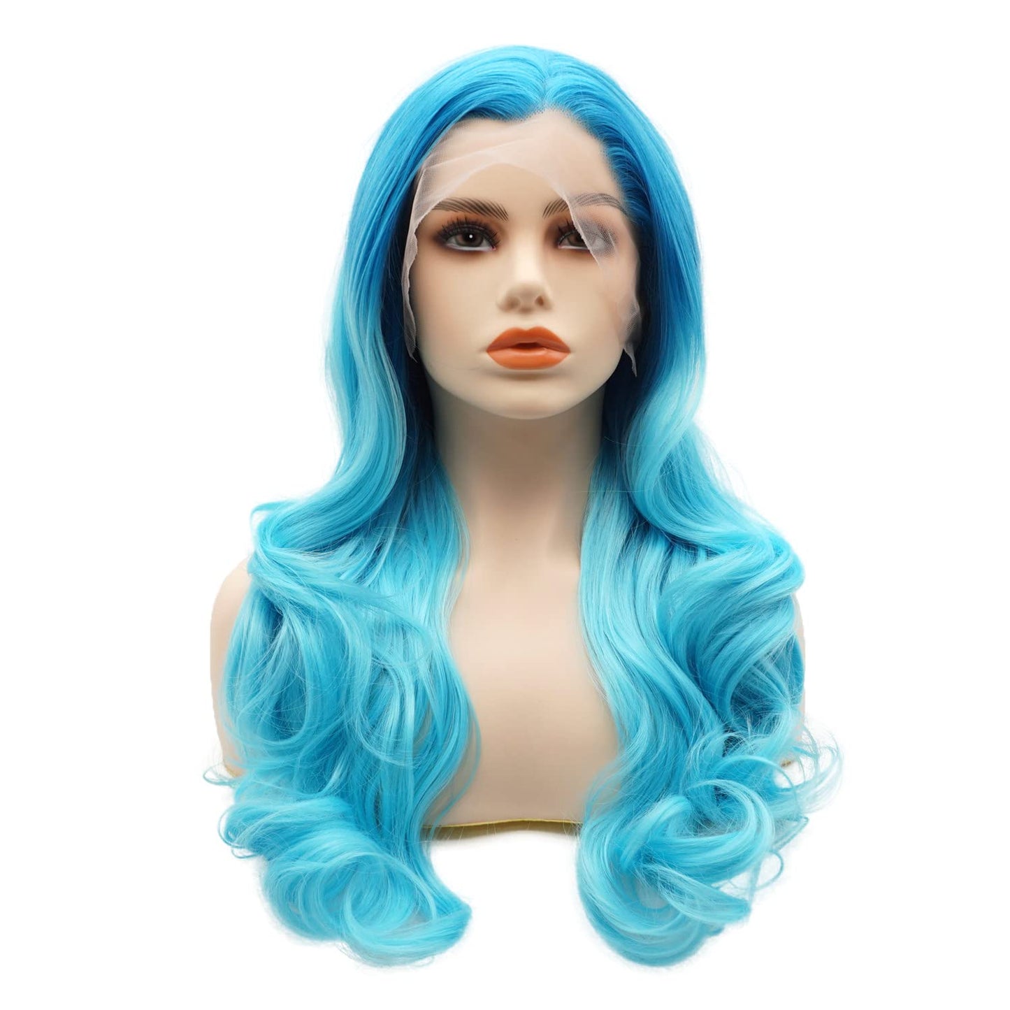 LUSHY BEAUTY Hair Synthetic Lace Front Wig Wavy Long 24inch Blue Root Light Blue Ombre Heavy Density Heat Resistant Realistic Wig