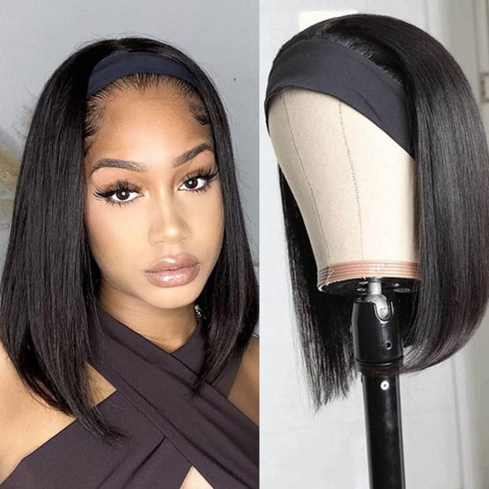 losta 180% Density Bob Headband Wig Human Hair Straight Bob Headband Wigs for Black Women Short Bob Wig Human Hair 10A Brazilian Human Hair Head Band Wigs Glueless Headband Wig for Beginner