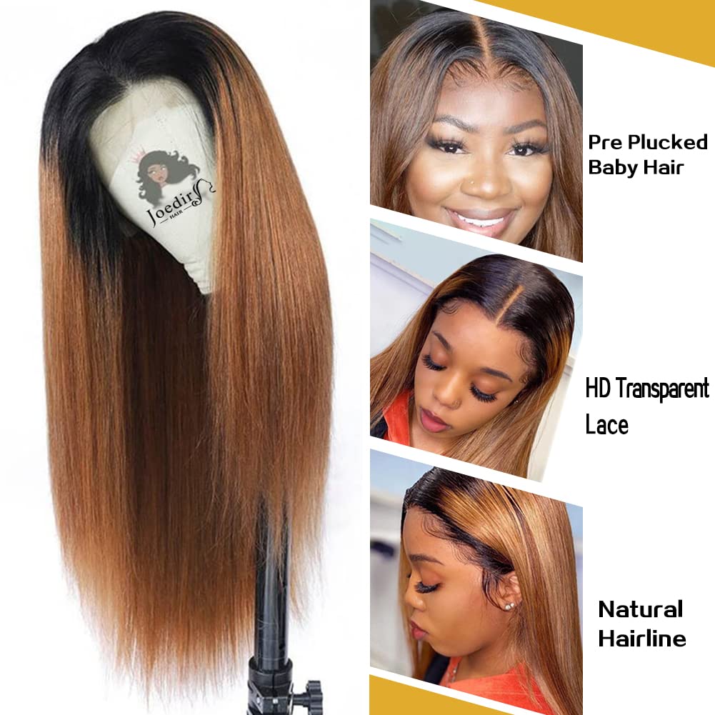 JOEDIR HAIR Ombre Brown Straight Lace Front Wig for Black Women Brazilian Virgin Human Hair 13x4x1 T Part HD Lace Frontal Wigs Pre Plucked with Baby Hair 150% Density (14 Inch, TT1B/30)