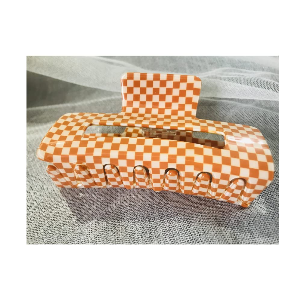 Checkered Hair Claw Clips for Women Girls Fashion Hair Clips for Styling Claw Clamps Thick Hair Retro Rectangle Shape, YOEMAYUNER (1PC Large Size/Orange, 3.94inch)