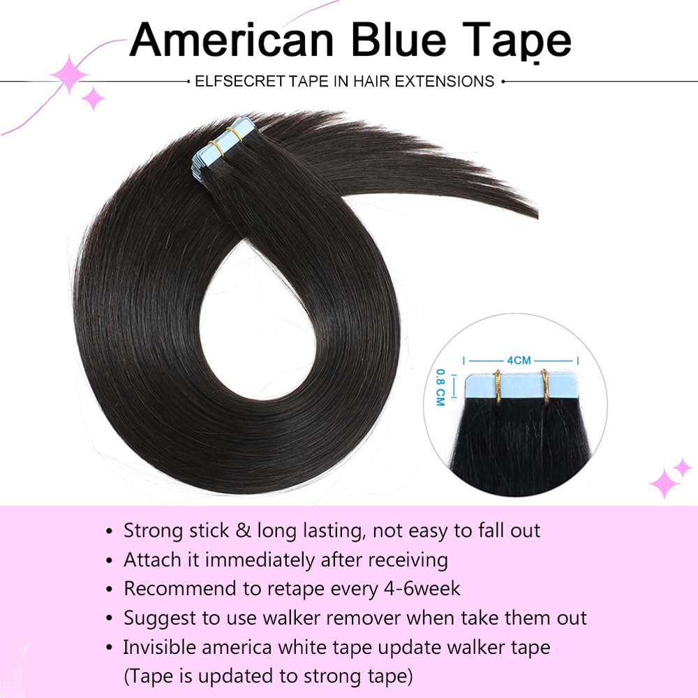 ELFSECRET Human Hair Tape In Hair Extensions Natural Black Color Seamless Invisible PU Skin Weft Tape in 100% Real Human Hair Silky Straight Hair Extensions Soft Thick End (14 Inch, 1B Natural Black)