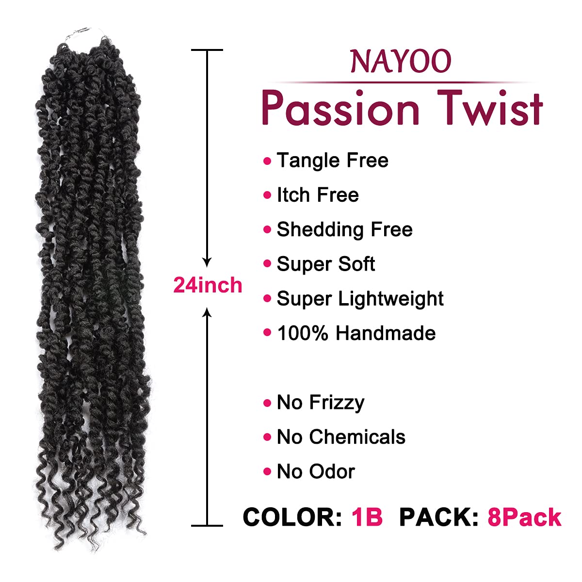 Passion Twist Hair - 8 Packs 24 Inch Passion Twist Crochet Hair For Black Women, Crochet Pretwisted Curly Hair Passion Twists Synthetic Braiding Hair Extensions(24 Inch 8 Packs, 1B)