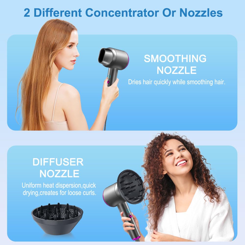 Professional Portable Hair Dryers with 1 Smoothing Nozzle 1 Diffuser Nozzle,Powerful 1500W Fast Drying Low Noise Blow Dryer,Attachments for Home Salon Travel(Dark Grey)