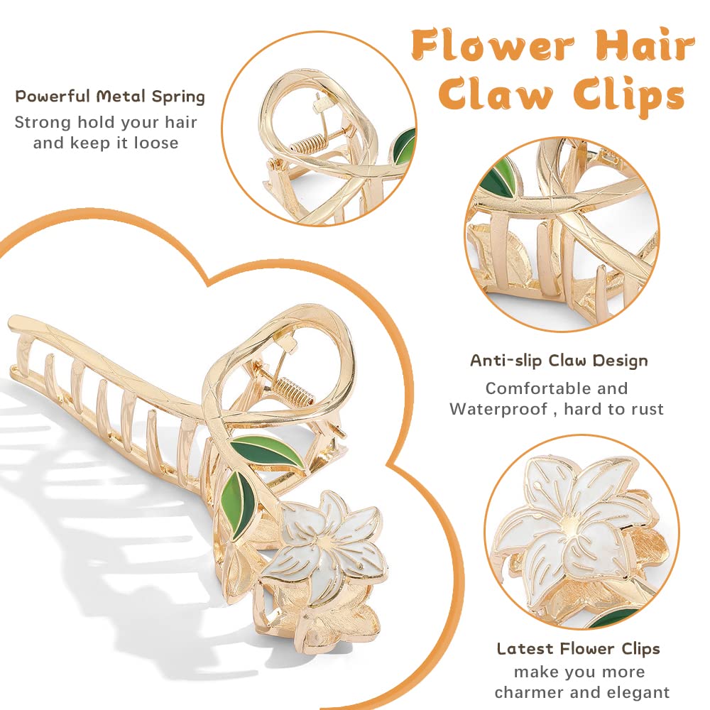 Hair Clips Flower Claw Clips Flower Clips for Women Cute Claw Clips for Thick Hair Large Pink Yellow Flower Hair Clip Metal Gold White Floral Hair Accessories Banana Clip Summer Hair Decorations 3Pcs