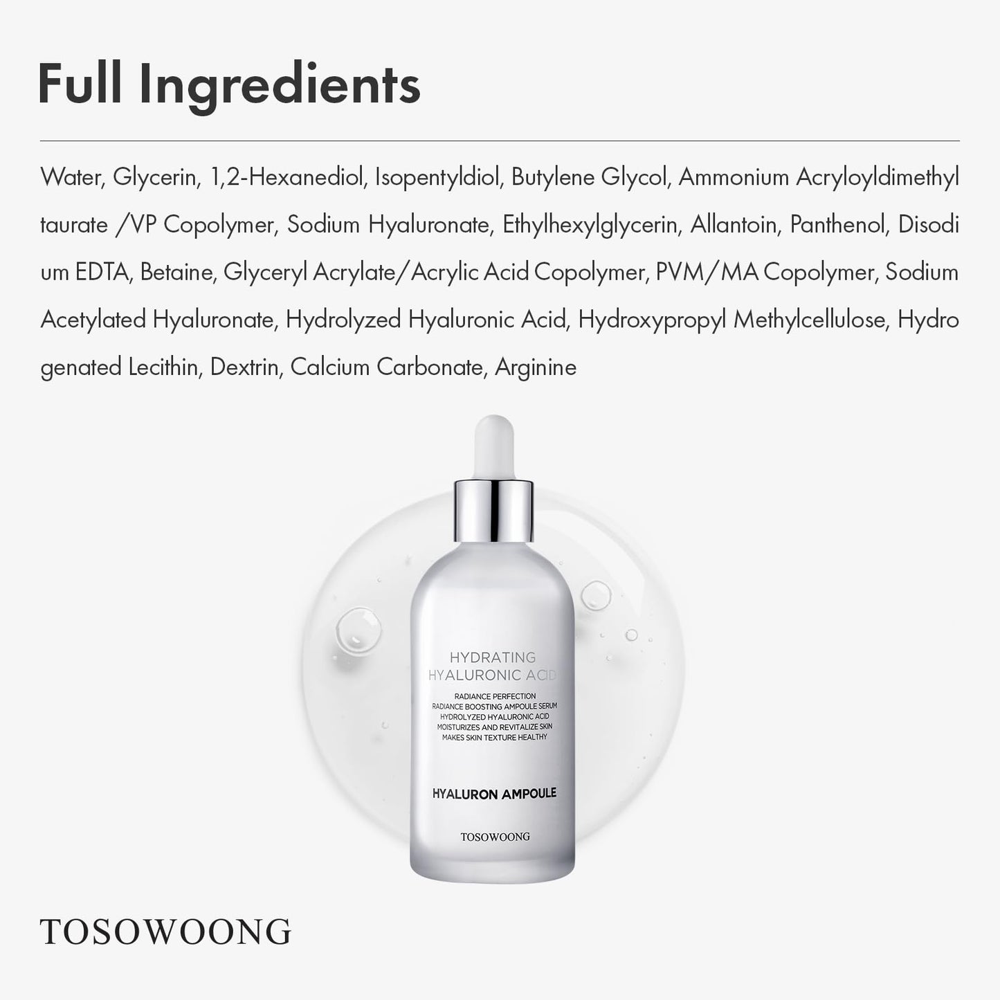 TOSOWOONG Hyaluronic Acid Ampoule, Hydrating Glow and Skin Barrier Protection, Anti-Aging Face Serum for Dry Skin, Korean Skincare Beauty Products, 100ml, 3.38 fl. oz.