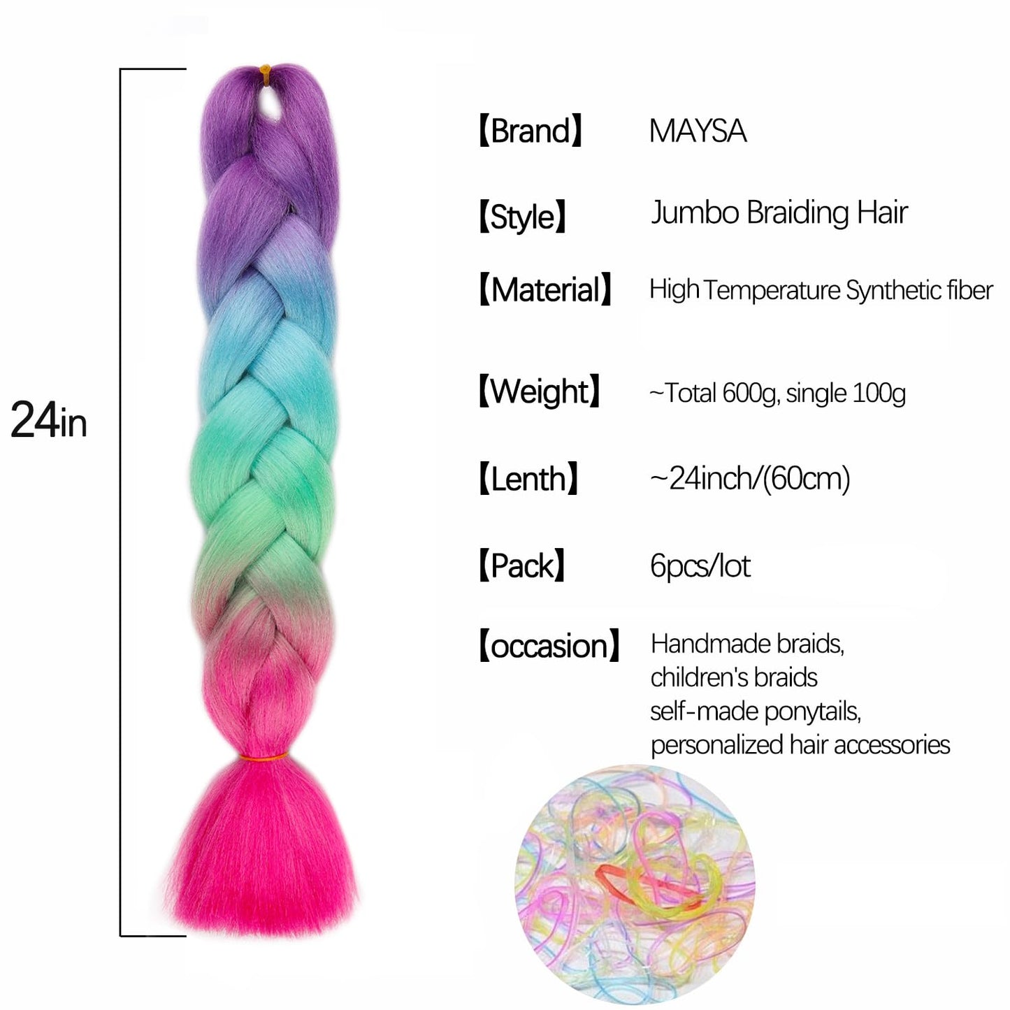 MAYSA Rainbow Braiding hair Extensions, 4 Tone Ombre Pre stretched Braiding Hair, 24in 6Packs Synthetic Colorful Braiding Hair for Girls #Purple-blue-green-hot pink