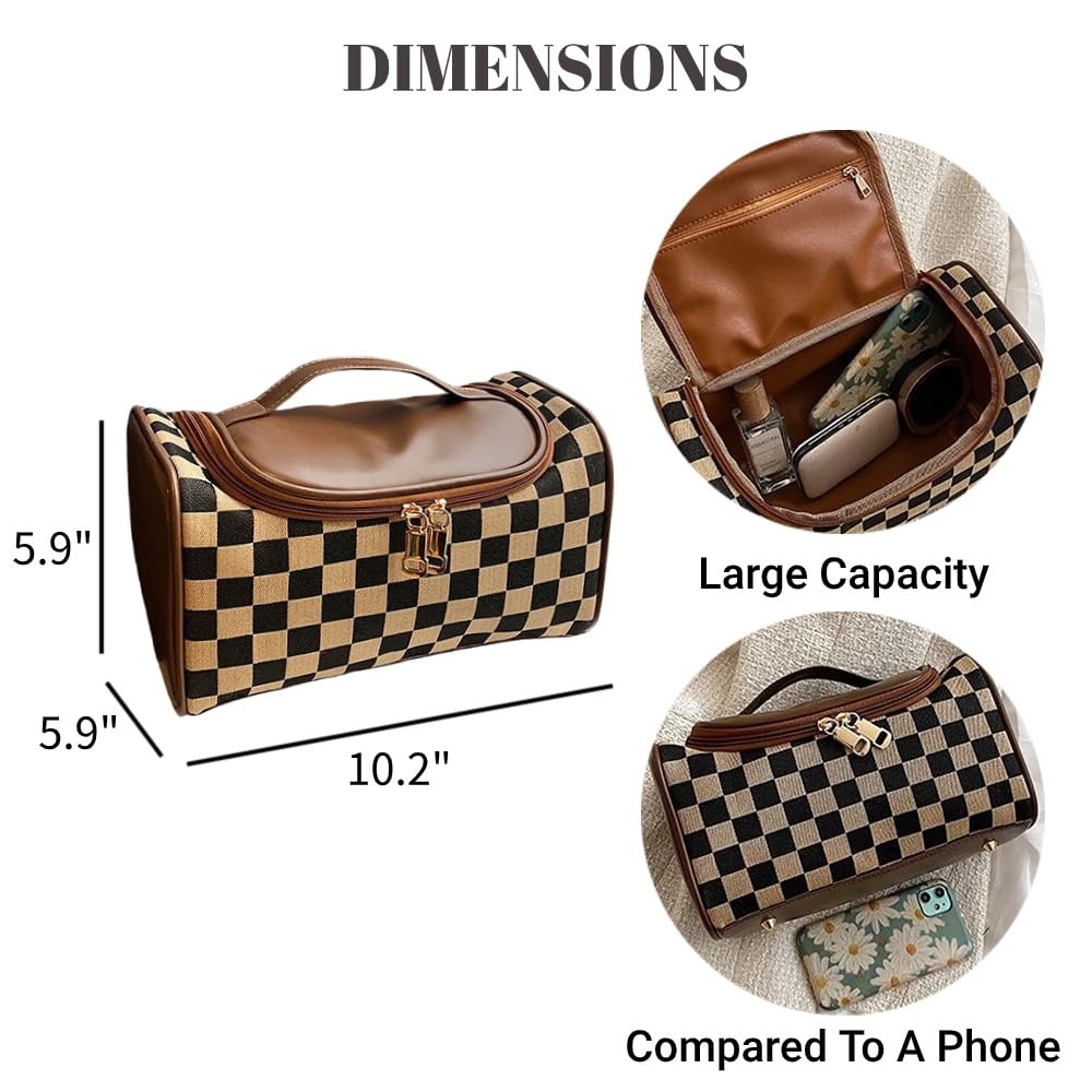 Waztyuk Checkered Makeup Bag Travel Purse Toiletry Bag Women Cute Cosmetic Case Portable Hanging Organizer for Essentials (Brown)