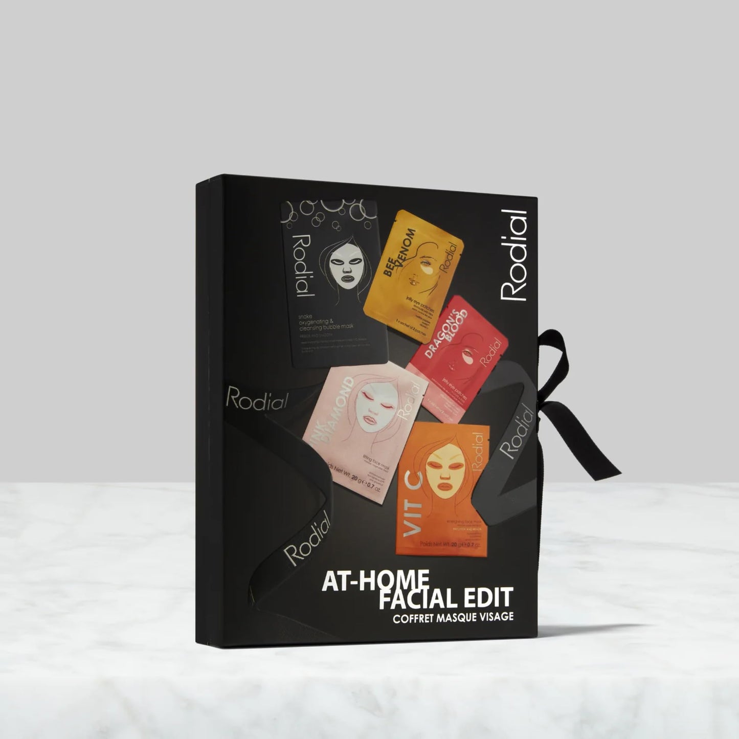 Rodial At Home Facial Edit, Set of 5 Masks: Snake Oxygenating Bubble Sheet Mask, Pink Diamond Instant Lifting Face Mask, Vit C Energising Sheet Mask,Dragon’s Blood and Bee Venom Jelly Eye Patches