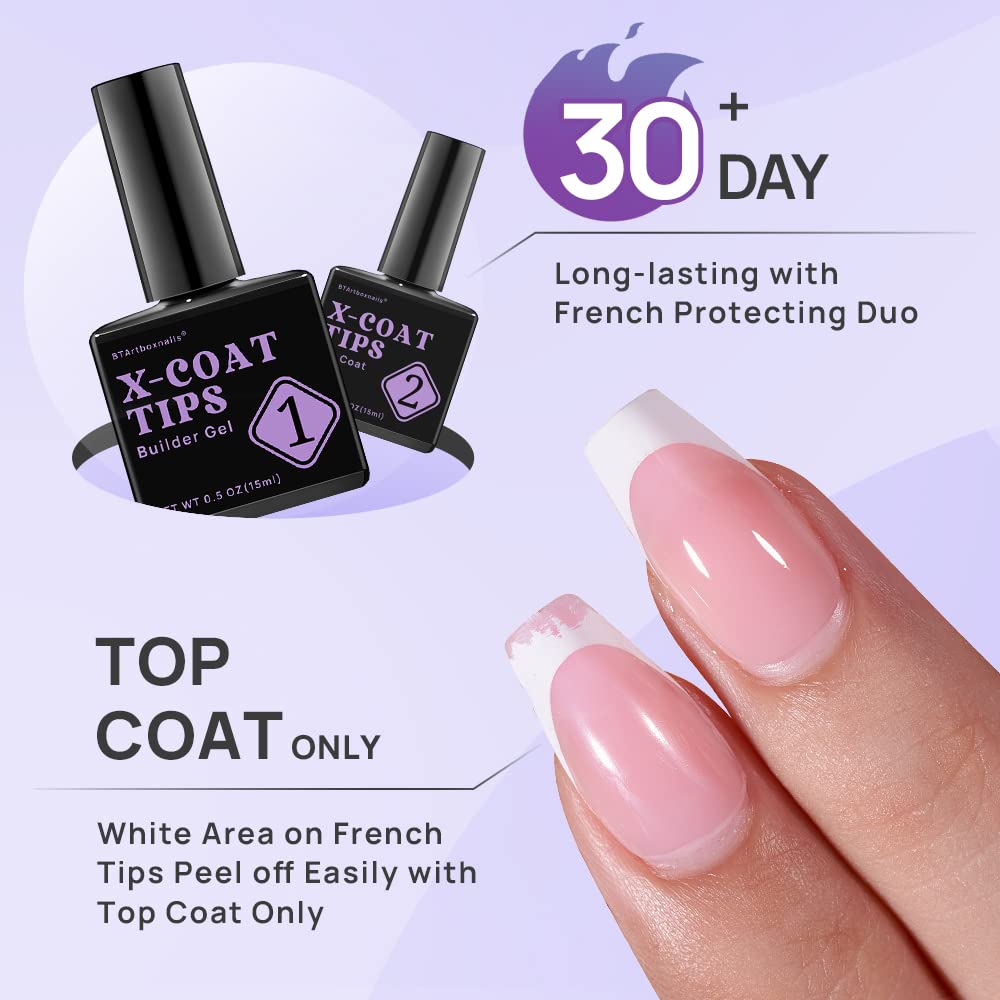 btartboxnails 3 In 1 X-coat Tips - Builder Gel Top Coat Set, Long Square French Tip Press on Nails with Builder Gel Top Coat Gel Glue Set