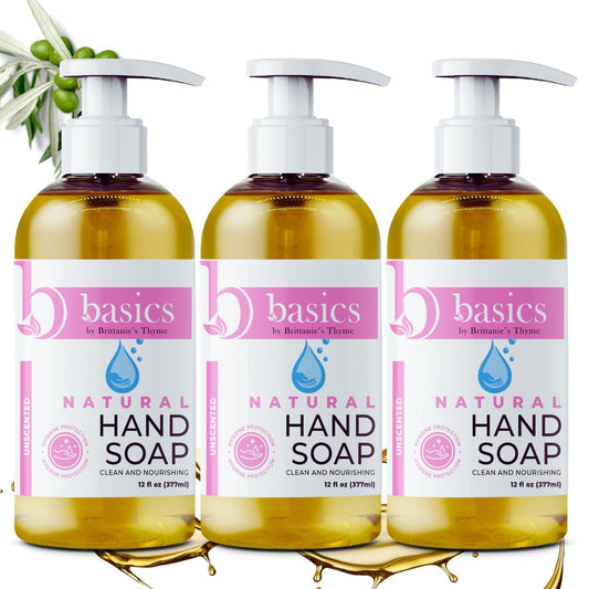 Brittanie's Thyme Basics Natural Olive Oil Hand Soap, Unscented - 12 fl oz, Pack of 3 - Cruelty Free, Vegan, No Synthetic Additives, No Sulfates, Paraben Free, Phthalate Free