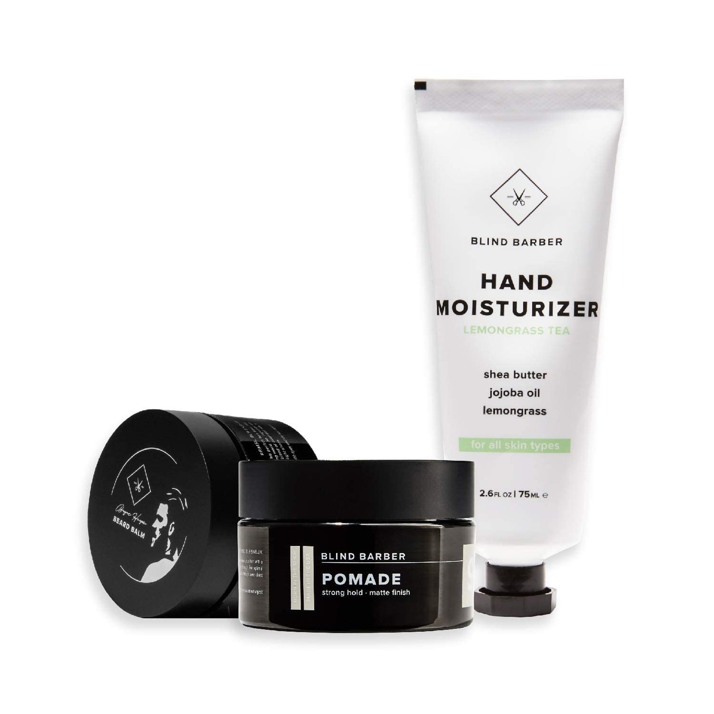 Blind Barber Hair & Skin Care Kit - 3-Piece Set with 90 Proof Pomade, Beard Balm & Daily Hand Moisturizer for Dry Skin - Matte Styling Paste for Hair & Beard Taming Balm for Men - Hair Care for Guys