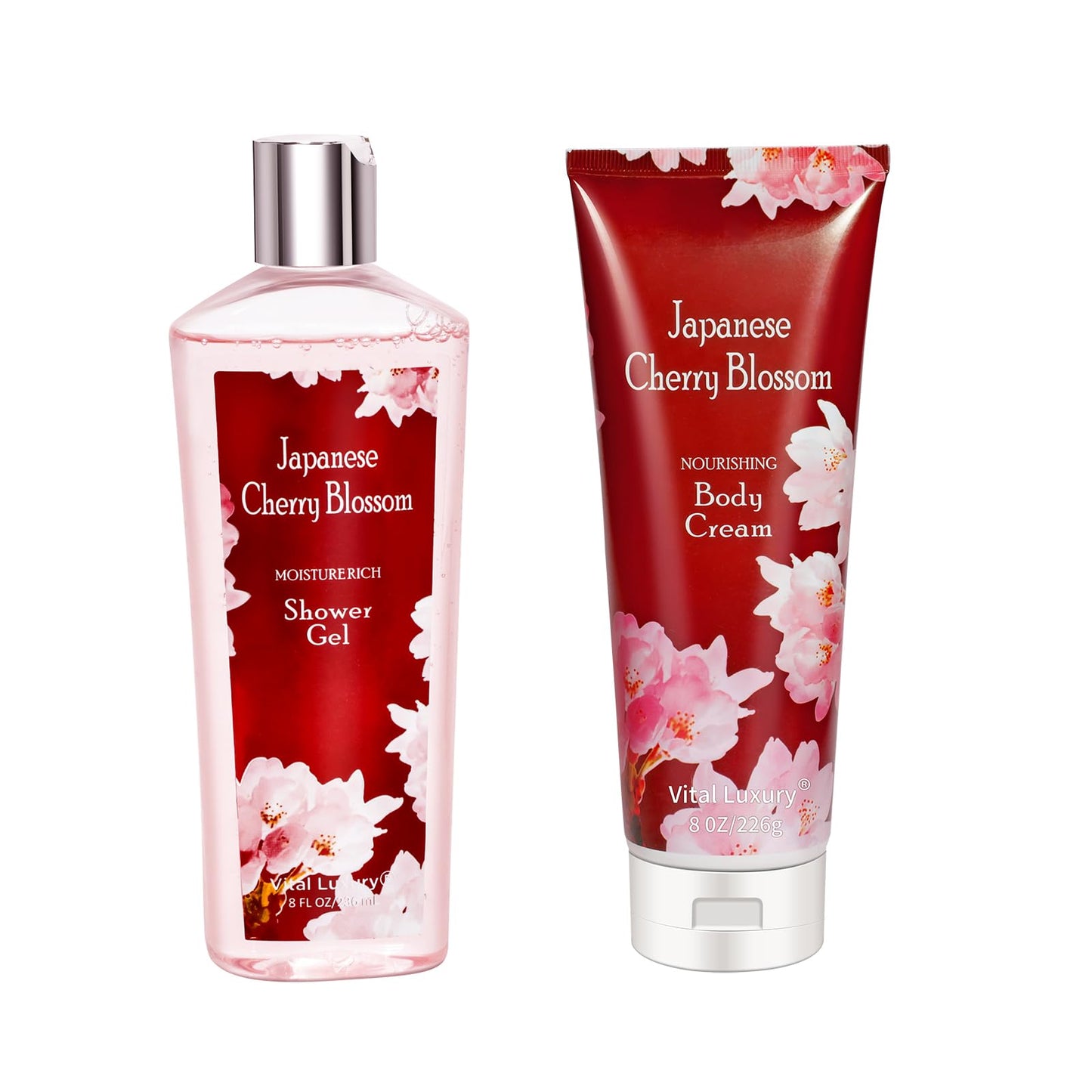 Vital Luxury Japanese Cherry Blossom Shower Gel and Body Cream Set - Nourishing and Moisturizing Daily Skincare - 8 fl.oz/236mL each, Christmas Gifts for Her and Him (Japanese Cherry Blossom)