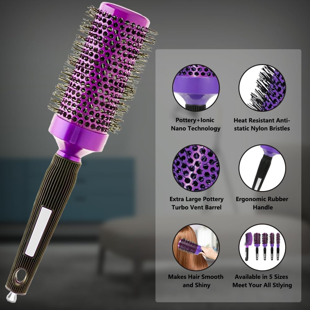 5pcs Round hair Brush Set for Blow Drying Curling, Professional curly hair brushBrush Leaves Hair Shiny Heat Styling Brush 5 Different Sizes Works Very Well with The Blow Dryer