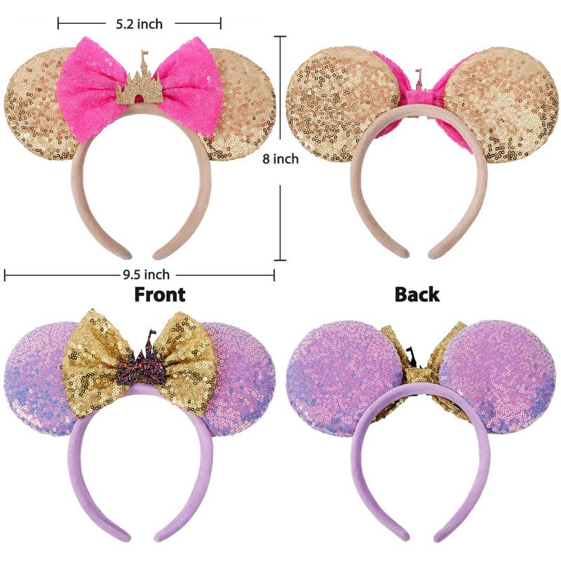 UNSPAZ Mouse Ears Headbands, 2 PCS Castle Mouse Ears for Women Girls, Shiny Bow Headbands Themed Park Ears Cosplay Accessories