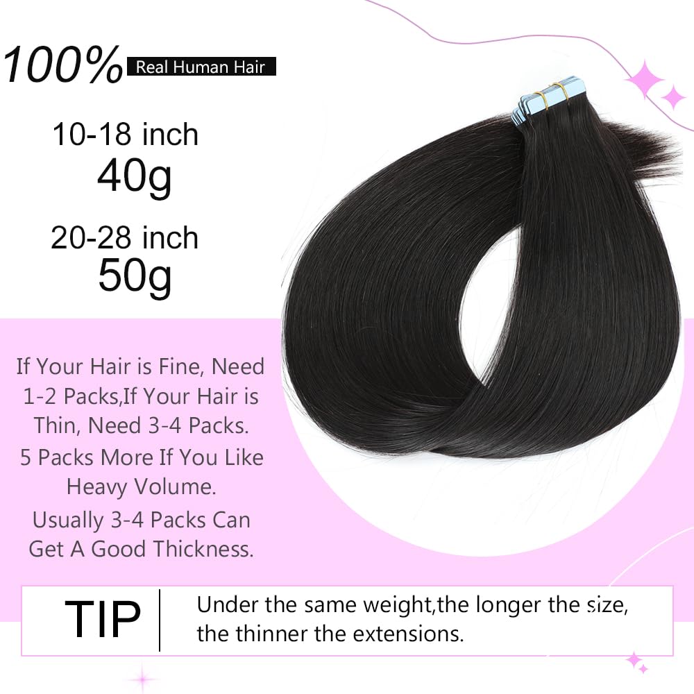 ELFSECRET Human Hair Tape In Hair Extensions Natural Black Color Seamless Invisible PU Skin Weft Tape in 100% Real Human Hair Silky Straight Hair Extensions Soft Thick End (14 Inch, 1B Natural Black)