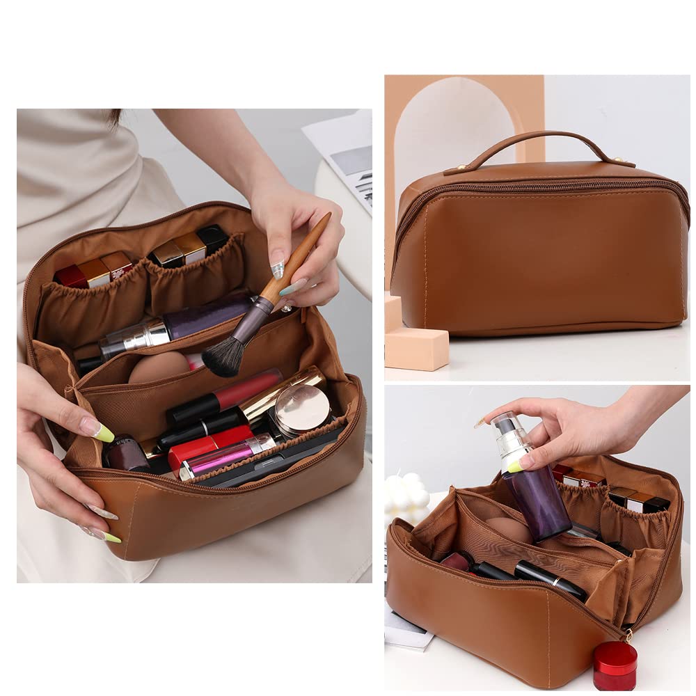 MEIBANFA2022 new large capacity women's travel cosmetic bag, multi-functional storage cosmetic bag PU leather, women's travel cosmetic bag with handle and divider, convenient to carry out (Brown)