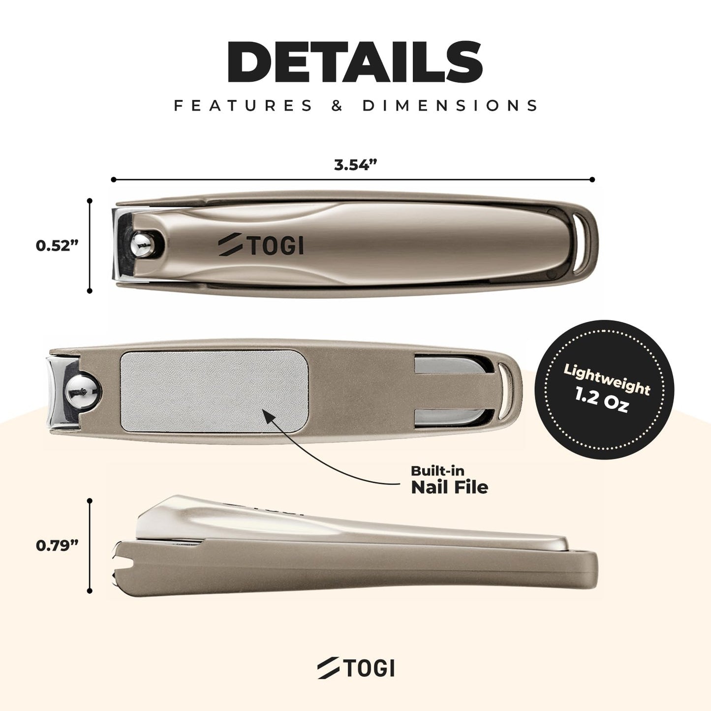 TOGI 【The Ultimate Blade】 Ultra Sharp Stainless Steel Nail Clippers for Women - Perfect for Cutting Fingernails & Toenails with Nail Catcher Built-in Nail Files - Gift Ready Design - Champagne Color