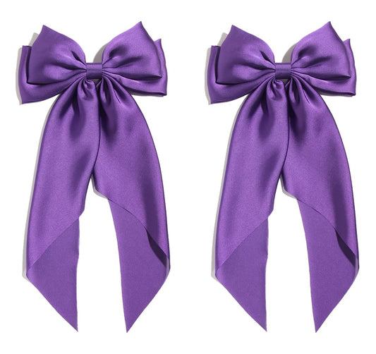 Satin Bow Hair Clips for Women,Big Bow Hair Slides Metal Clips Long Ribbon Hairpin Girls Barrettes Party Half-Updo Ponytail Accessories (2pcs Purple)