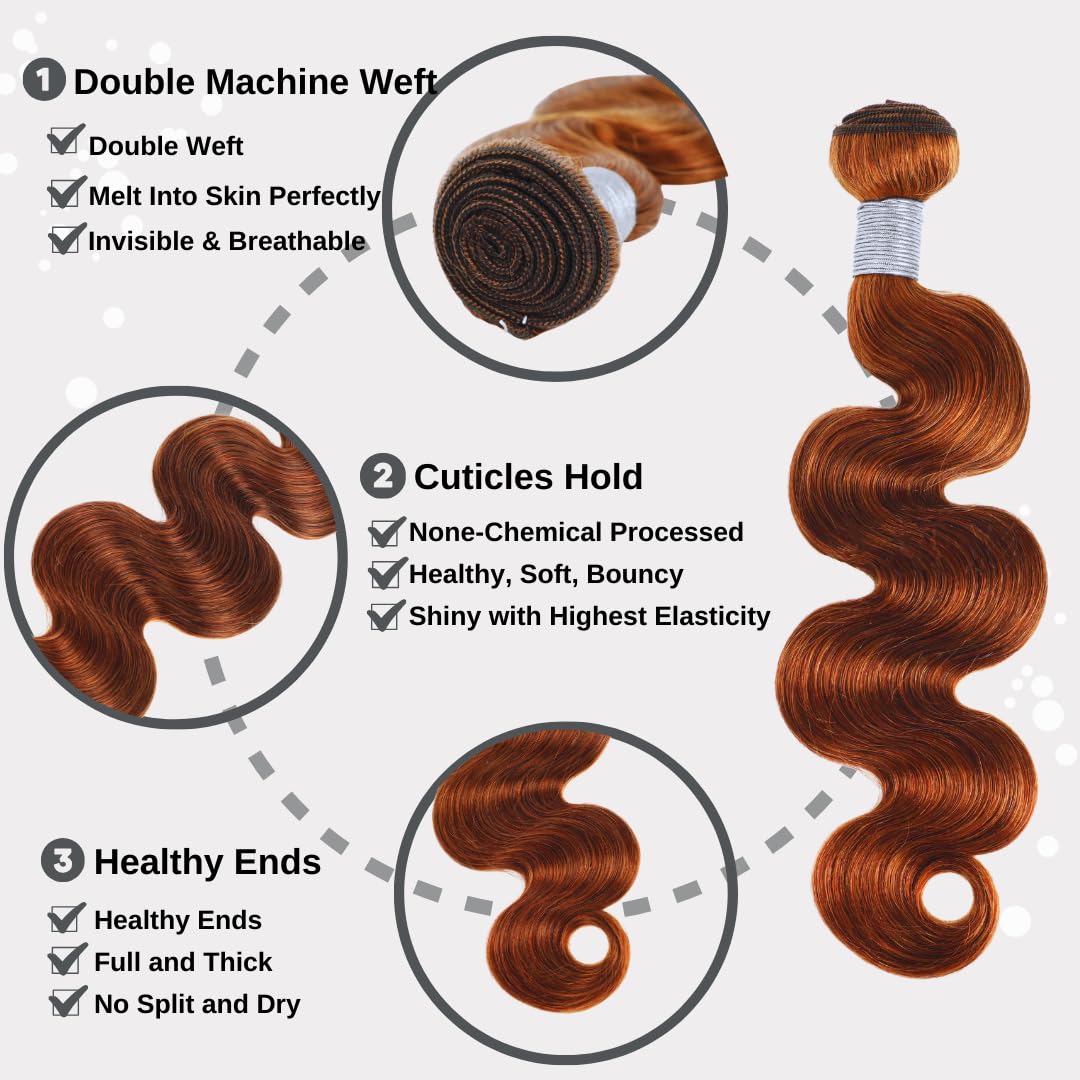 ALHER Reddish Brown Bundles Body Wave Bundles Human Hair Red Brown Colored 10A Brazilian Virgin Remy Wavy Hair Bundles Auburn Brown Copper Red Soft Thick Sew In Hair Weave Bundle 33B Color 22 Inch