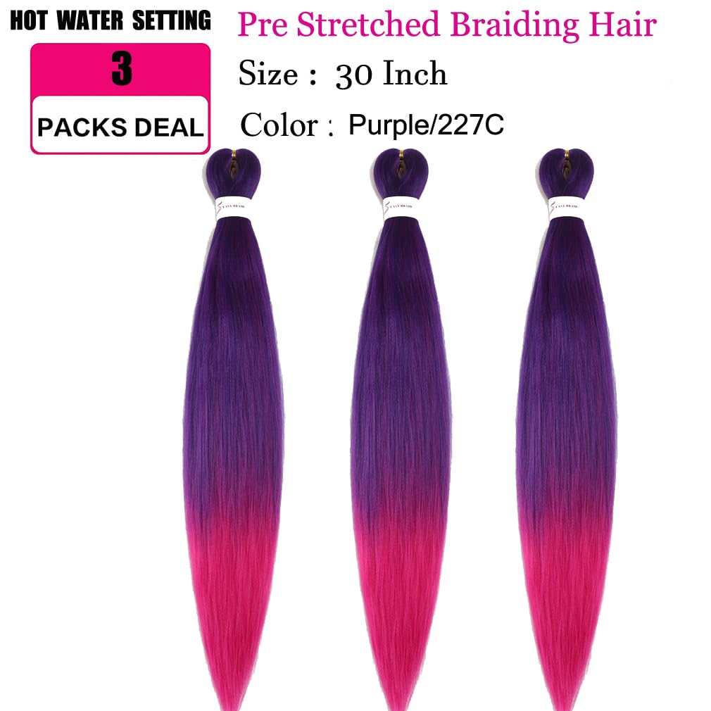 Pre Stretched Braiding Hair Extensions 30 Inch 3 Packs Long Professional Crochet Twist Braids Hair Synthetic Box Braiding Hair Hot Water Setting Soft Yaki Texture(30 Inch,Purple/227C)