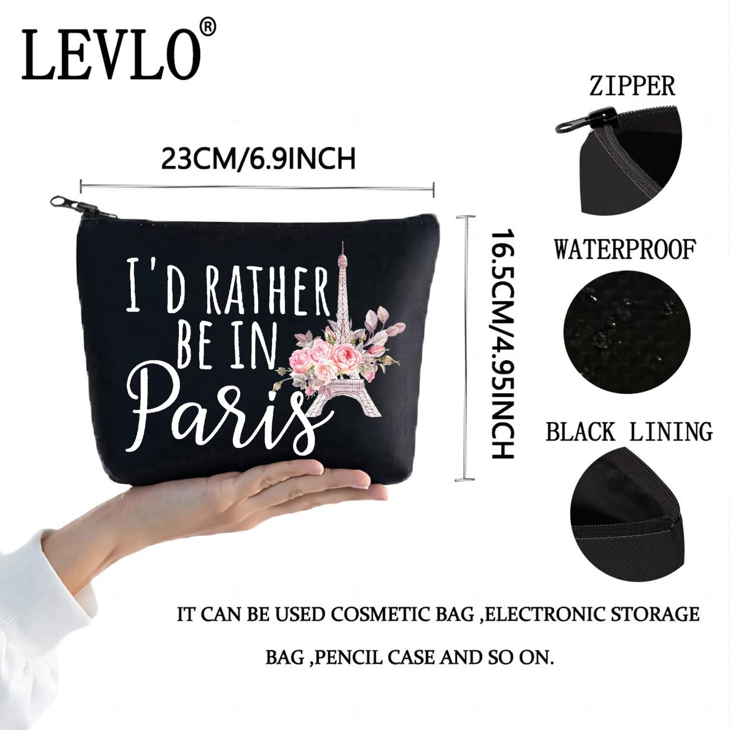 LEVLO Funny Eiffel Tower Cosmetic Make Up Bag France Paris Travelers Gifts i'd Rather Be In Paris Makeup Zipper Pouch Bag (Be In Paris Black)