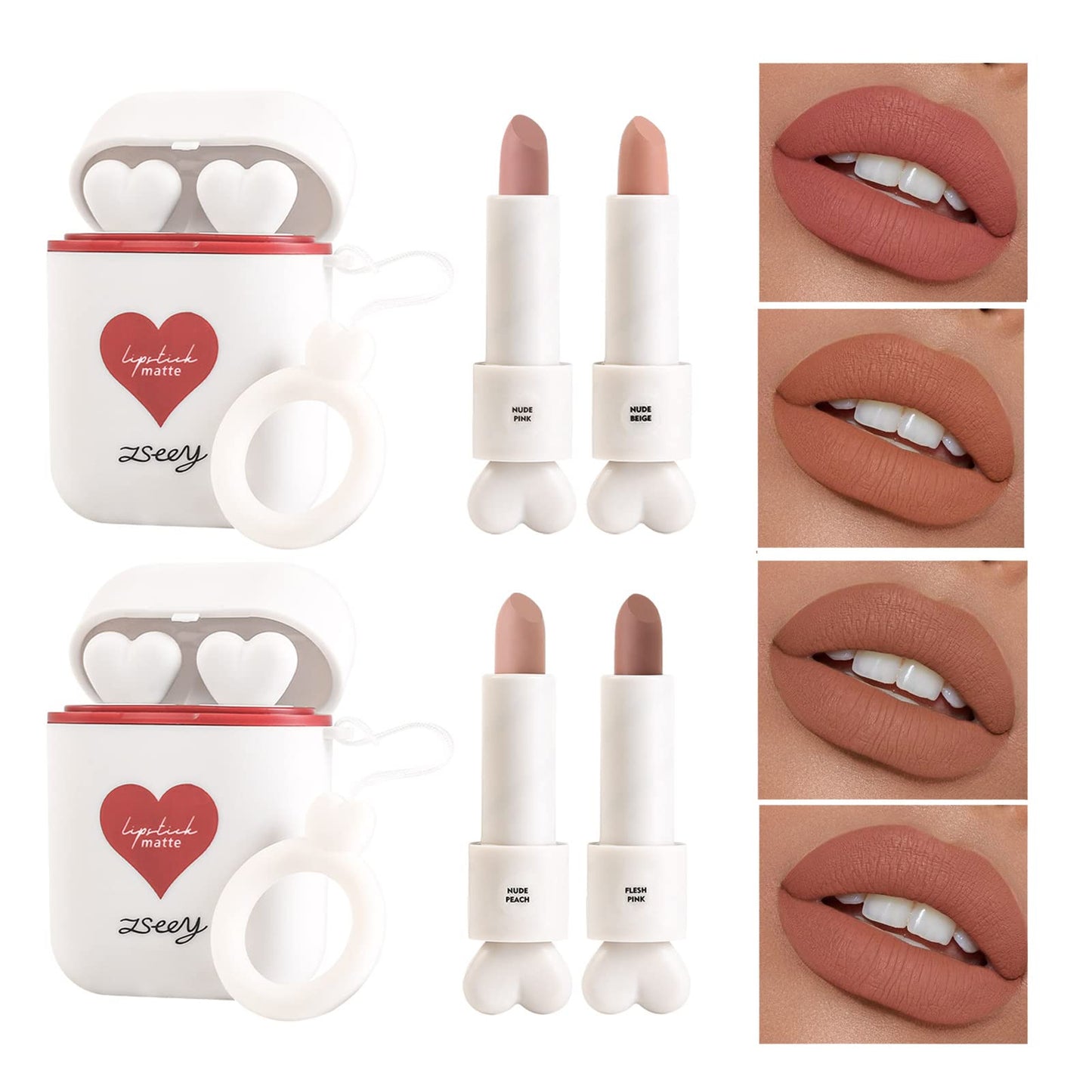 ZSeeY Earphone Shape Lipstick, Nude Colors Matte Lipstick Makeup Set, 2Pcs/Set Waterproof Long Lasting Velvet Moisturizing Lip stain Dual-color Lip Gloss Primer, Non-stick Cup Lip Gift Kit for Girls