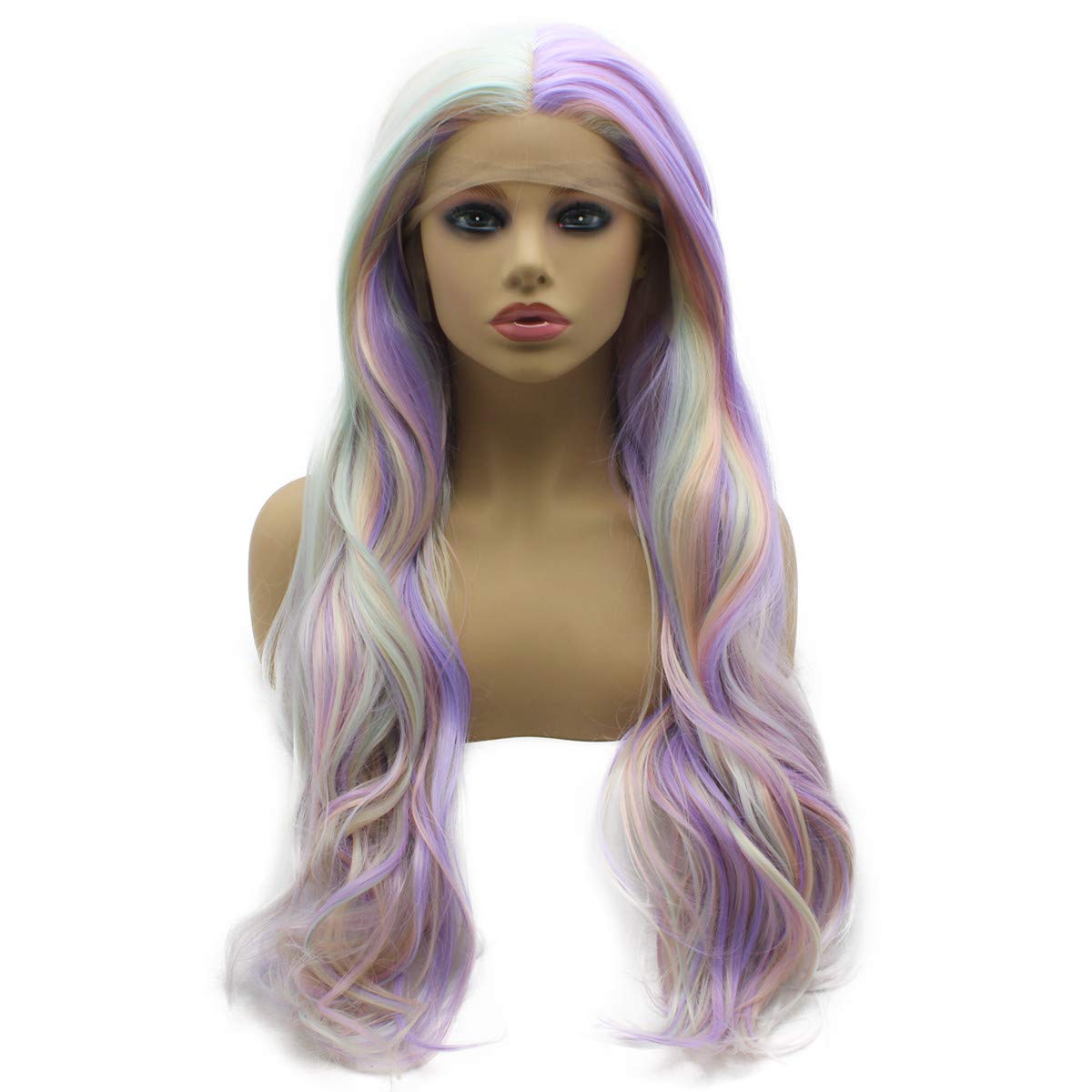 iwonawig Long Wavy Pastel Synthetic Lace Front Wig Heat Resistant Fiber Hair