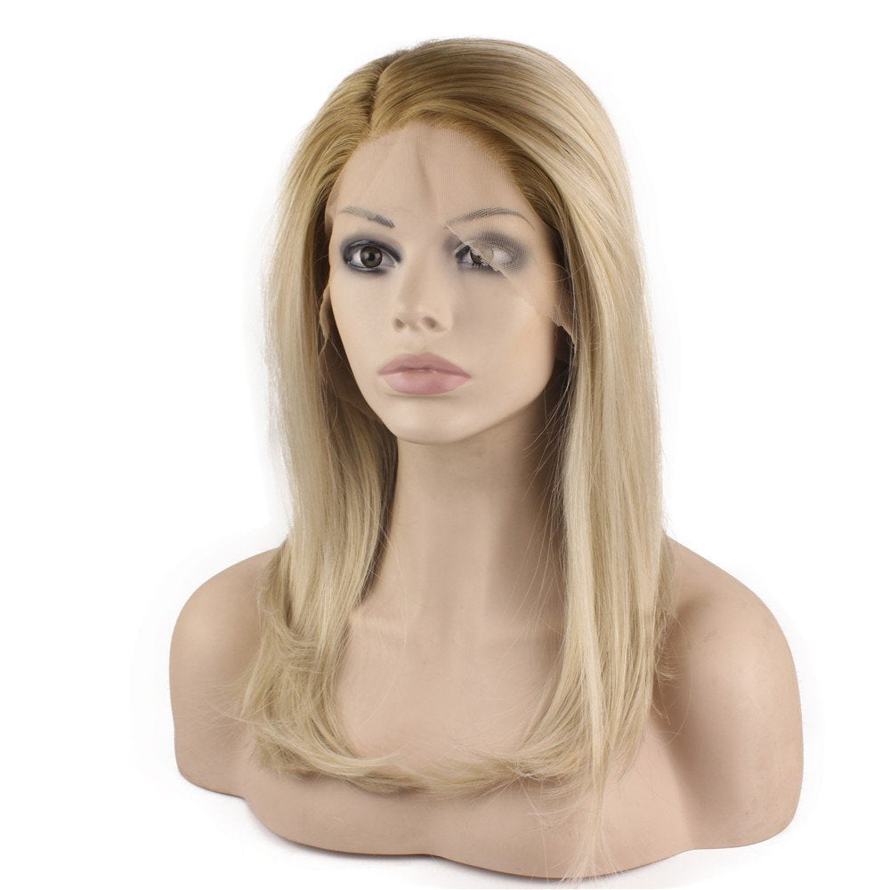 Mxangel Mid Length Straight Heat Resistant Dark Root Blond Synthetic Lace Front Wig