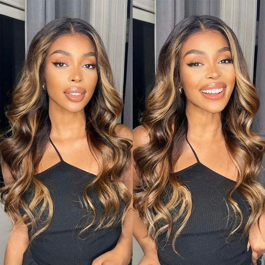 TQPQHQT 13x6 Ombre Body Wave Lace Front Wigs Human Hair Pre Plucked With Baby Hair T1B/4/27 HD Transparent Frontal Wigs Human Hair Body Wave Glueless Wigs Human Hair Lace Front Wigs for Women 18inch