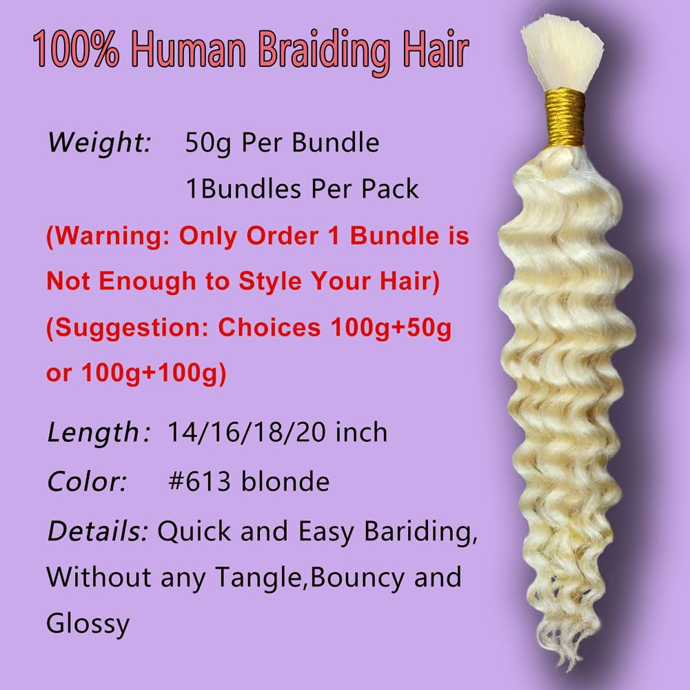 Eileen 16 Inch 50g 1 Bundles Deep Wave Bulk Human Hair for Braiding Curly Human Hair for Boho Braids Water Wet and Wavy Curls Micro Braiding Hair Extensions Brazilian Virgin 613 Blonde