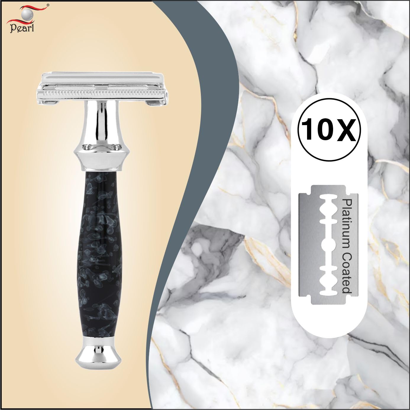 Pearl Shaving Double Edge Safety Razor (SS-95 Marble Black) | Proudly Made In India | Brass Metal With Premium Chrome Plating | Classic And Traditional Safety Razor | Butterfly Safety Razor | 10 Platinum Coated Double Edge Safety Razor Blade Refills